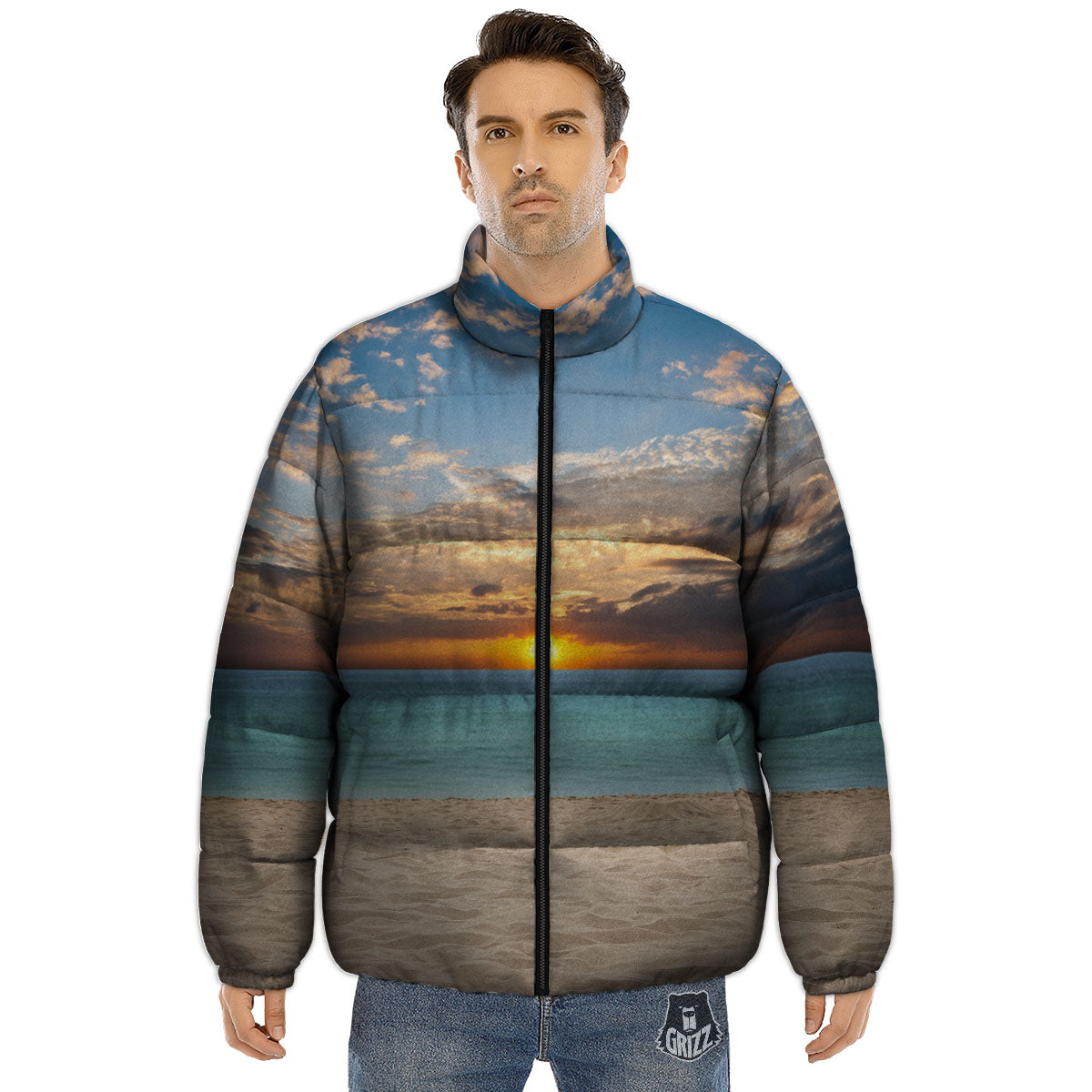 Sand Beach And Sunset Print Puffer Jacket-grizzshop