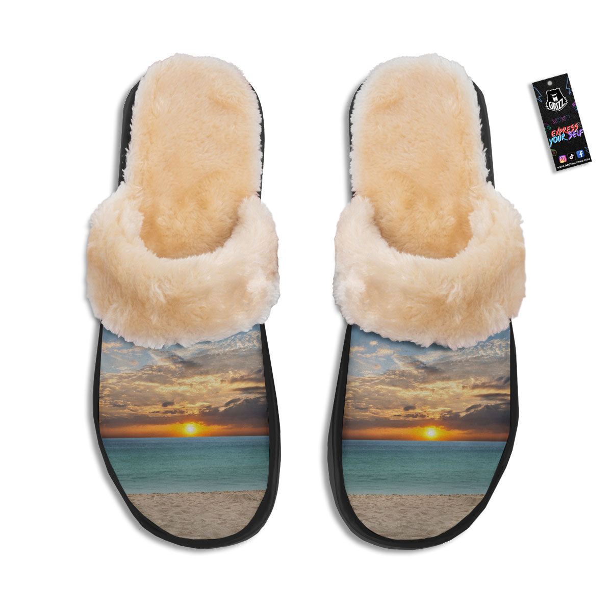 Sand Beach And Sunset Print Slippers-grizzshop
