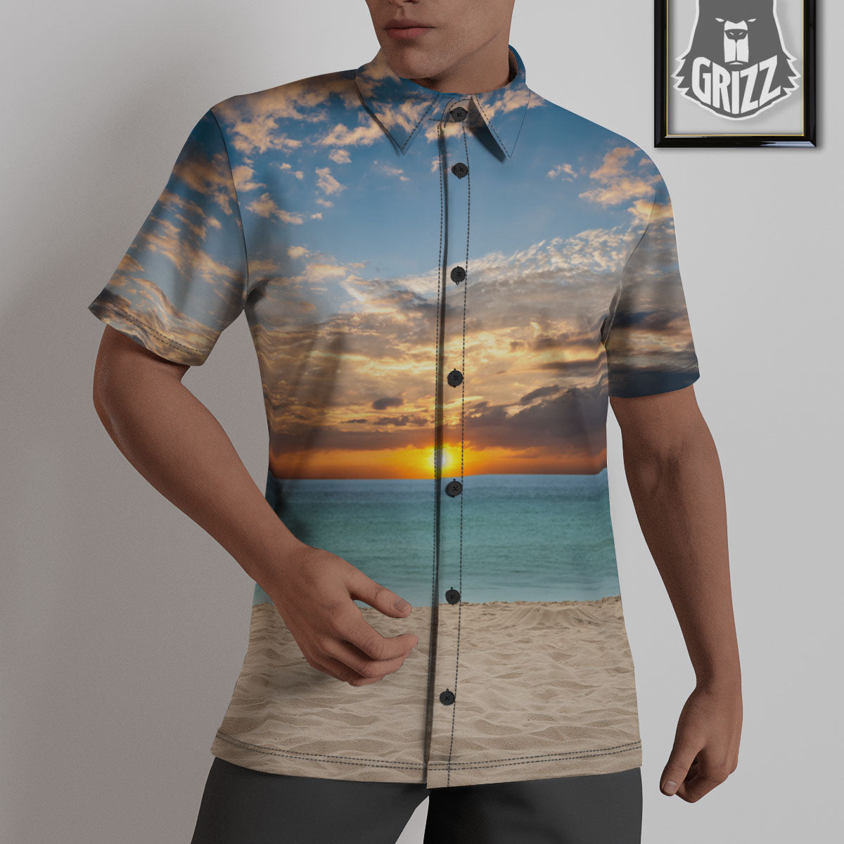 Sand Beach And Sunset Print Untucked Shirts-grizzshop