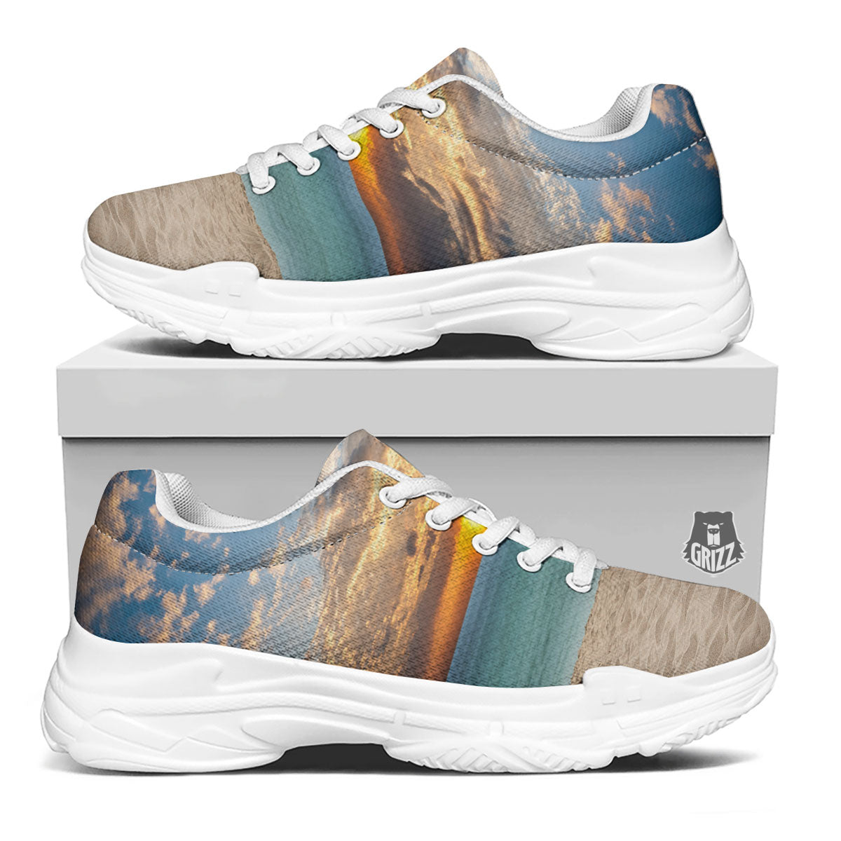 Sand Beach And Sunset Print White Chunky Shoes-grizzshop