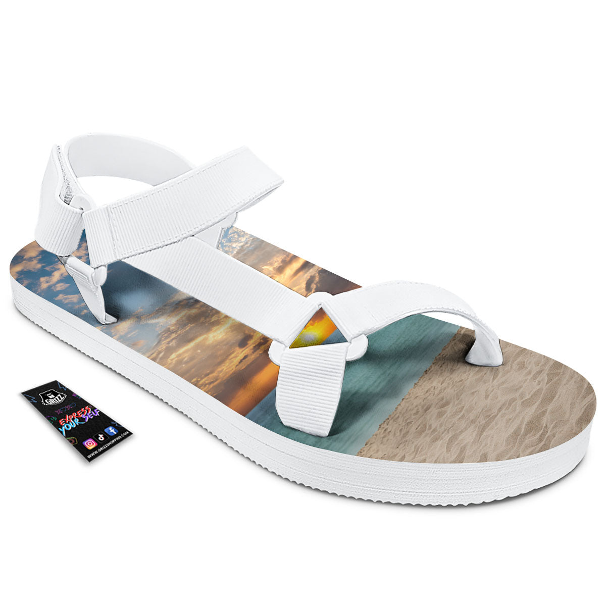 Sand Beach And Sunset Print White Open Toe Sandals-grizzshop