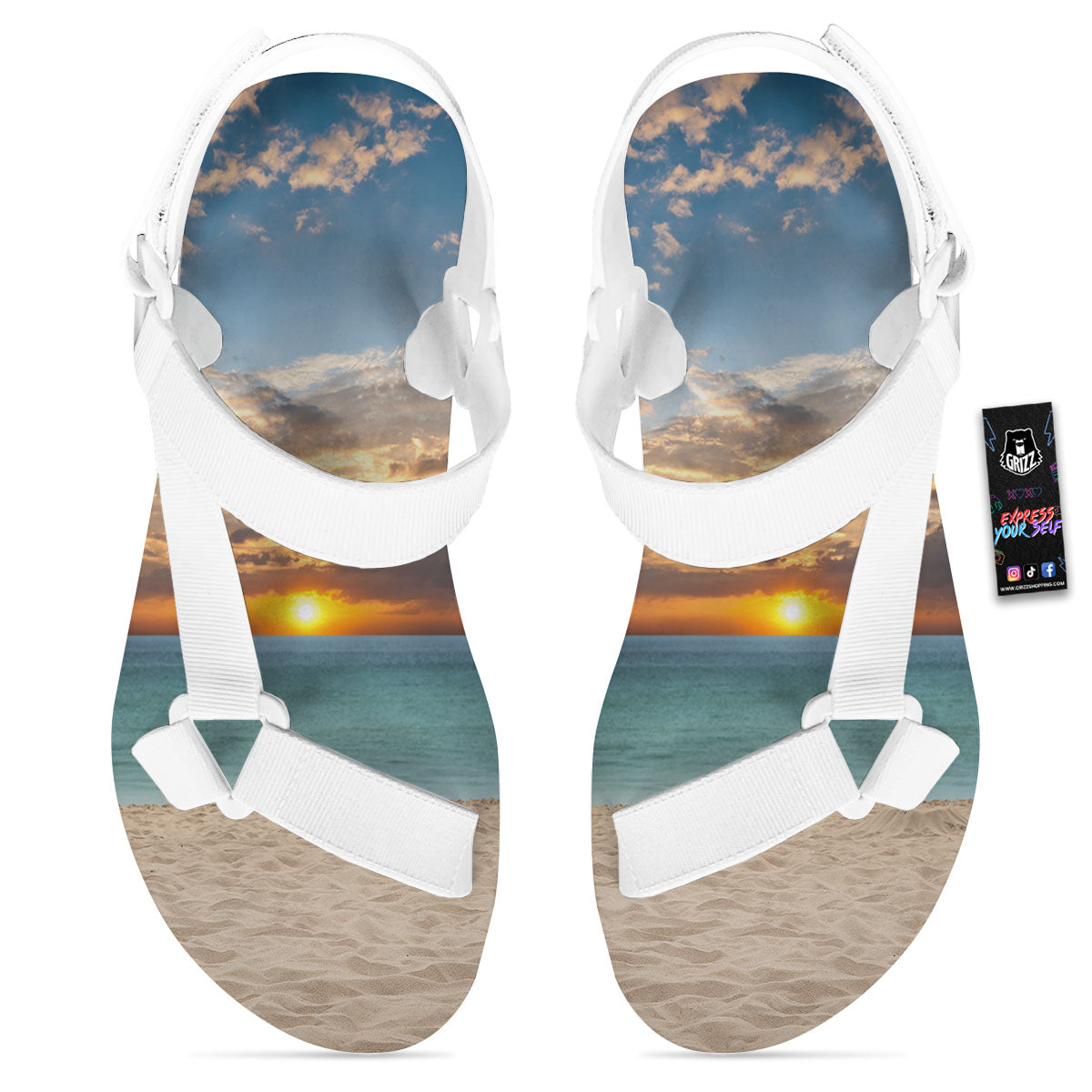 Sand Beach And Sunset Print White Open Toe Sandals-grizzshop