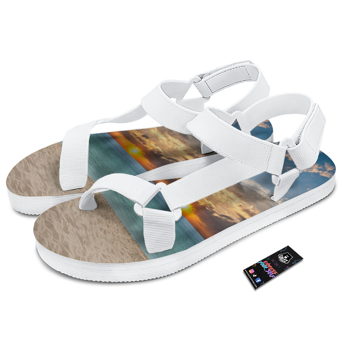 Sand Beach And Sunset Print White Open Toe Sandals-grizzshop