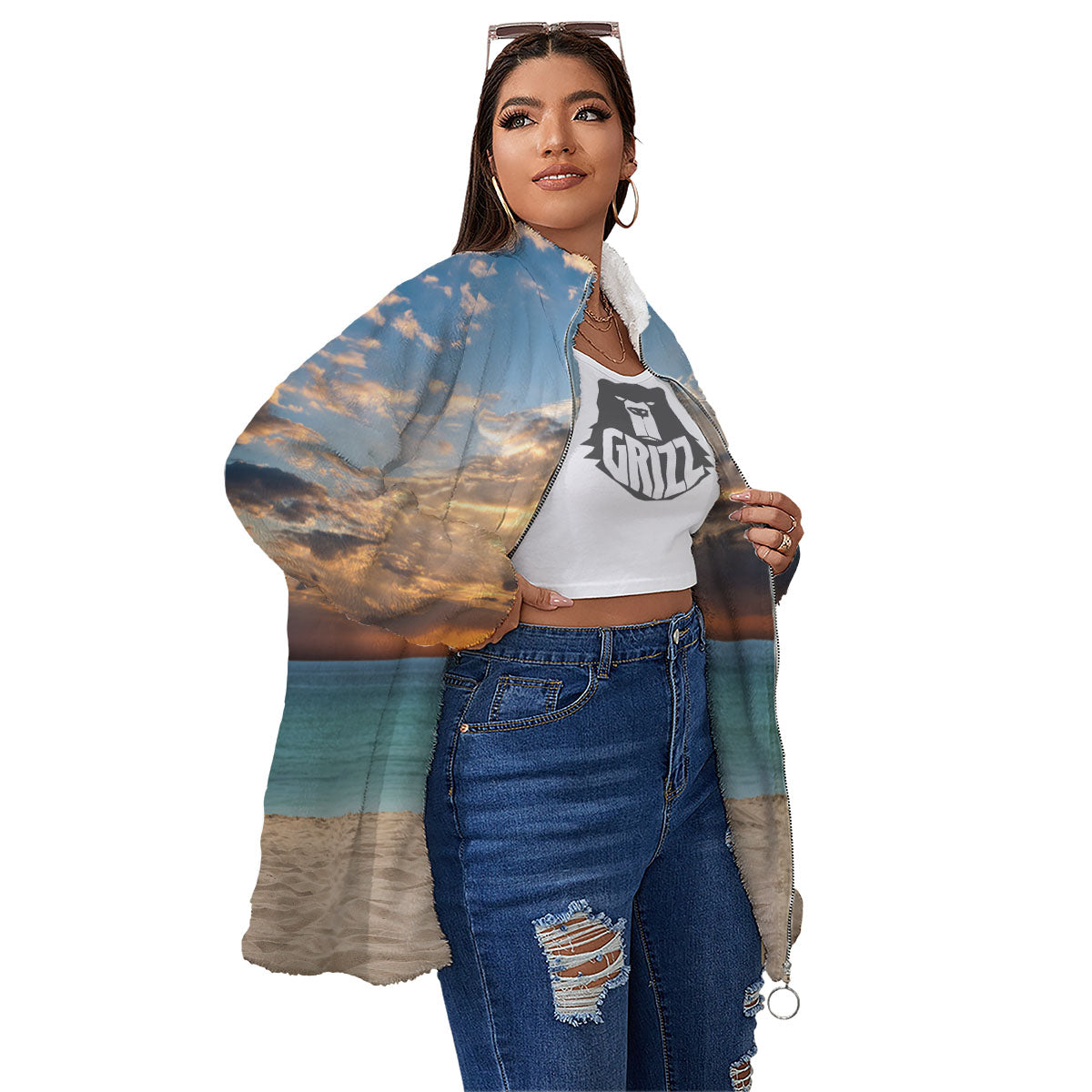 Sand Beach And Sunset Print Women's Sherpa Jacket-grizzshop