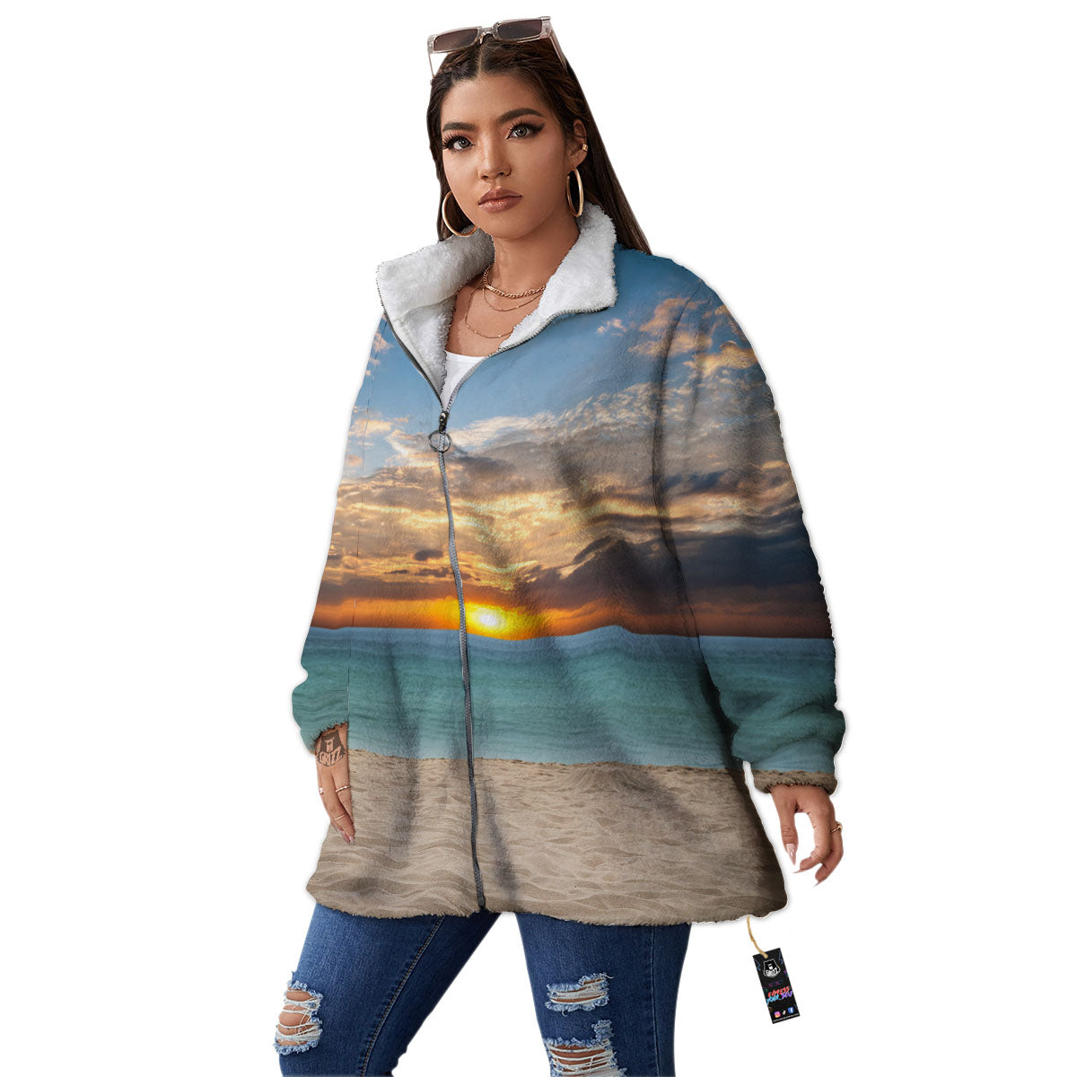 Sand Beach And Sunset Print Women's Sherpa Jacket-grizzshop