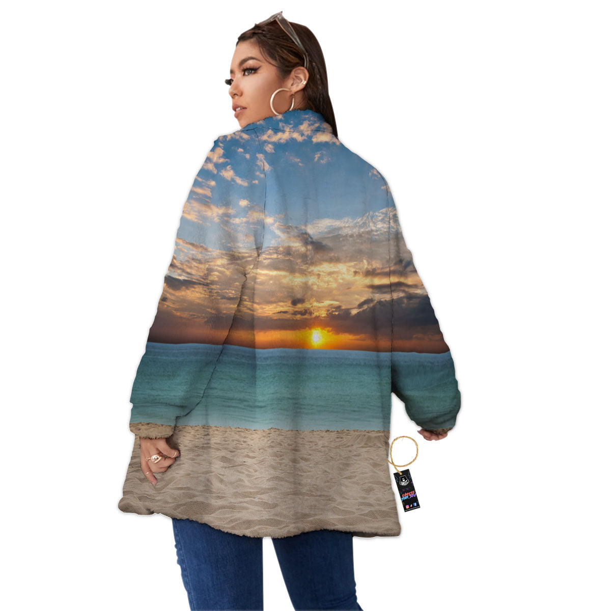 Sand Beach And Sunset Print Women's Sherpa Jacket-grizzshop