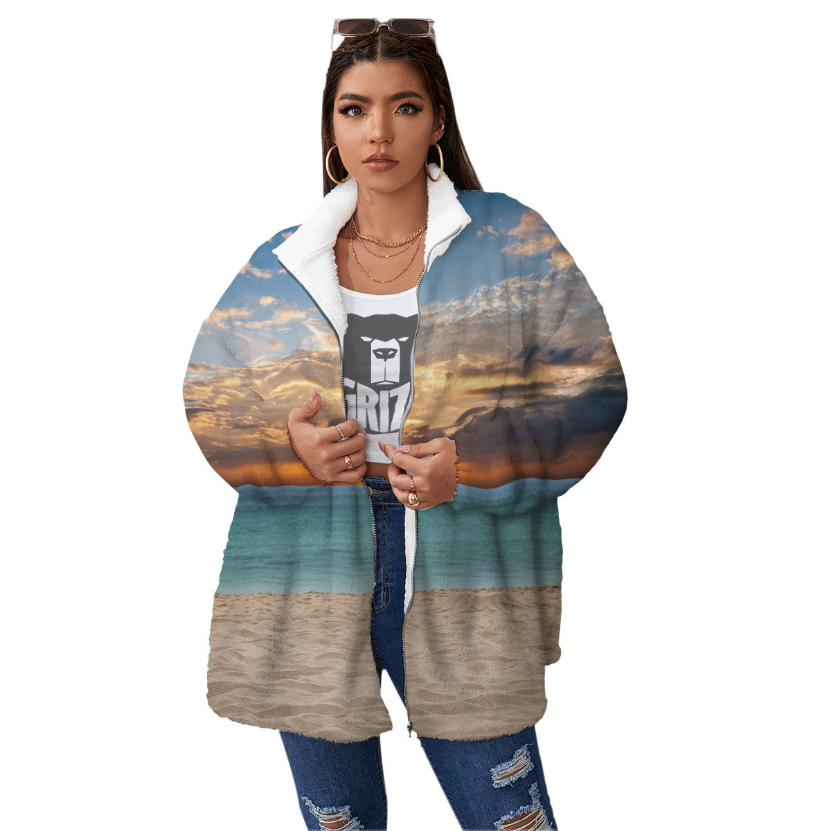 Sand Beach And Sunset Print Women's Sherpa Jacket-grizzshop