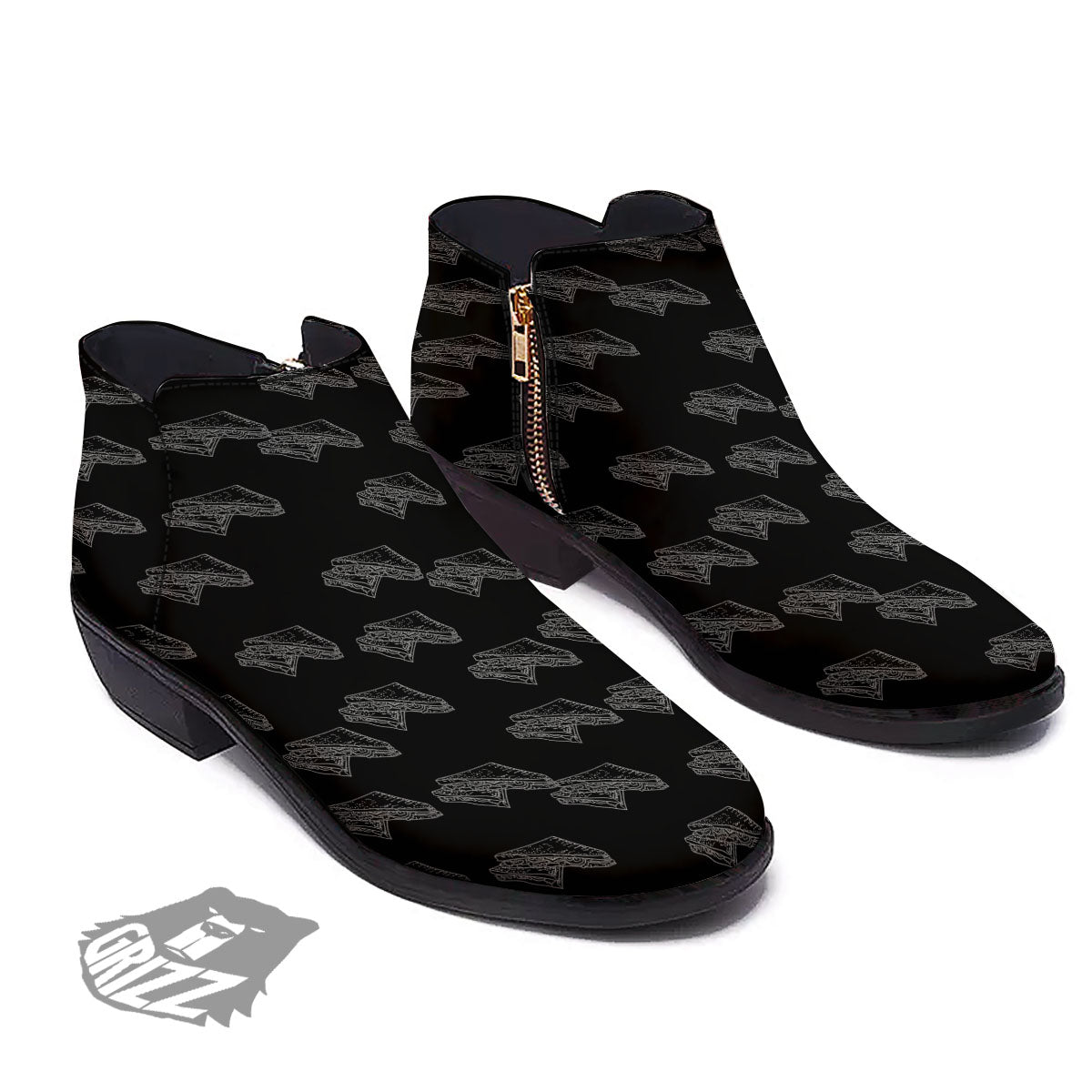 Sandwich Black Doodle Print Pattern Ankle Boots-grizzshop