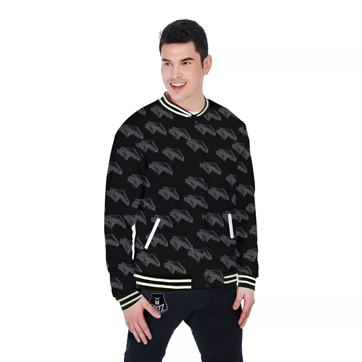 Sandwich Black Doodle Print Pattern Baseball Jacket-grizzshop