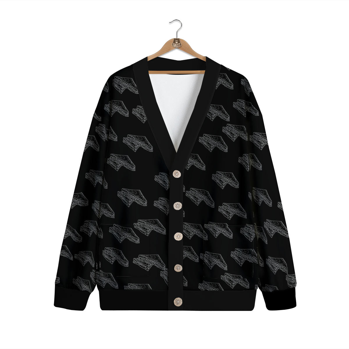 Sandwich Black Doodle Print Pattern Cardigan-grizzshop