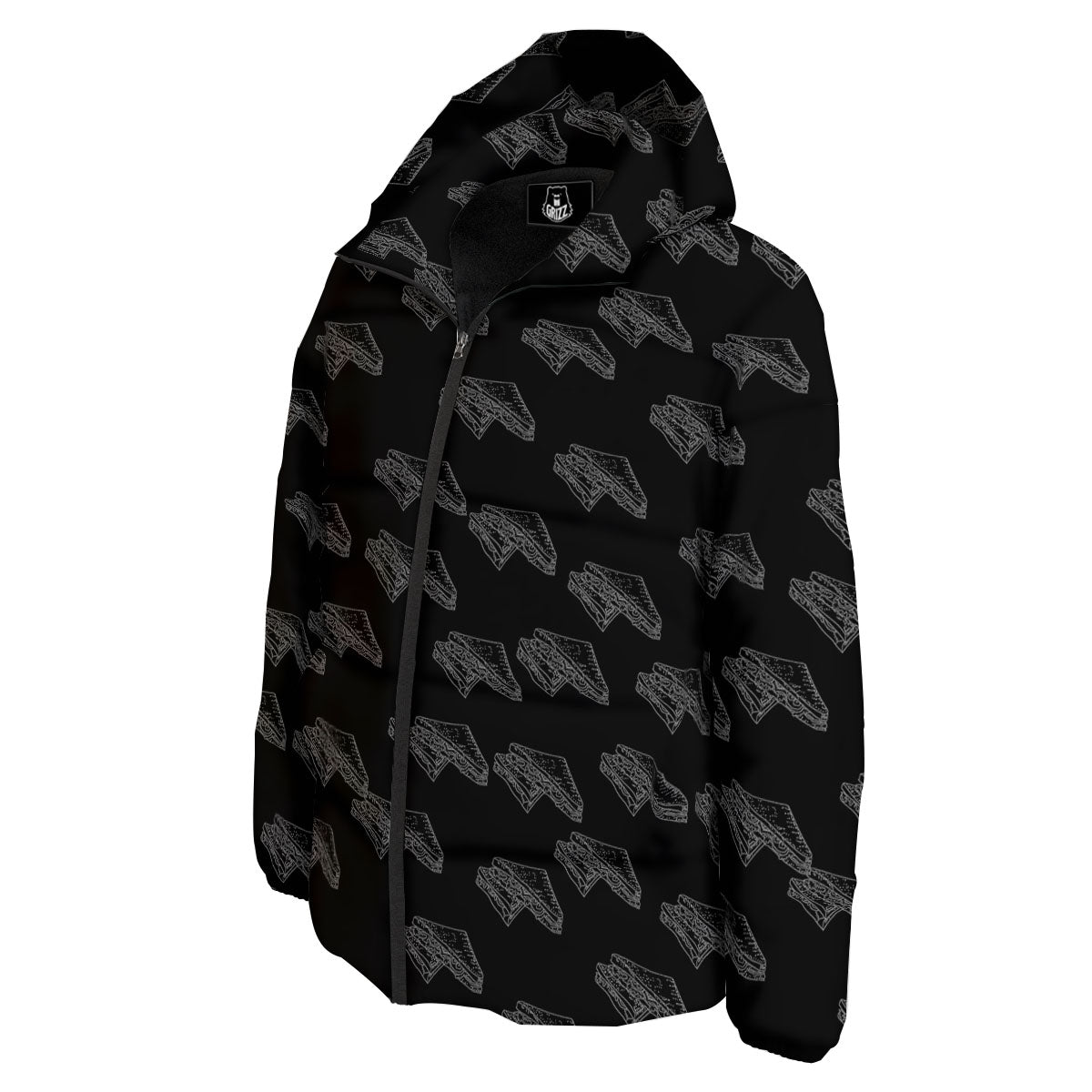 Sandwich Black Doodle Print Pattern Down Jacket-grizzshop