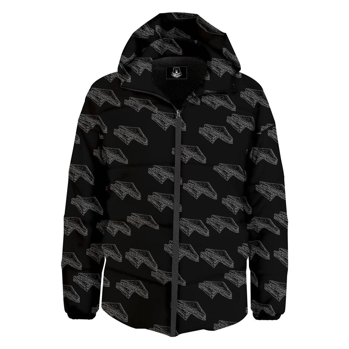 Sandwich Black Doodle Print Pattern Down Jacket-grizzshop