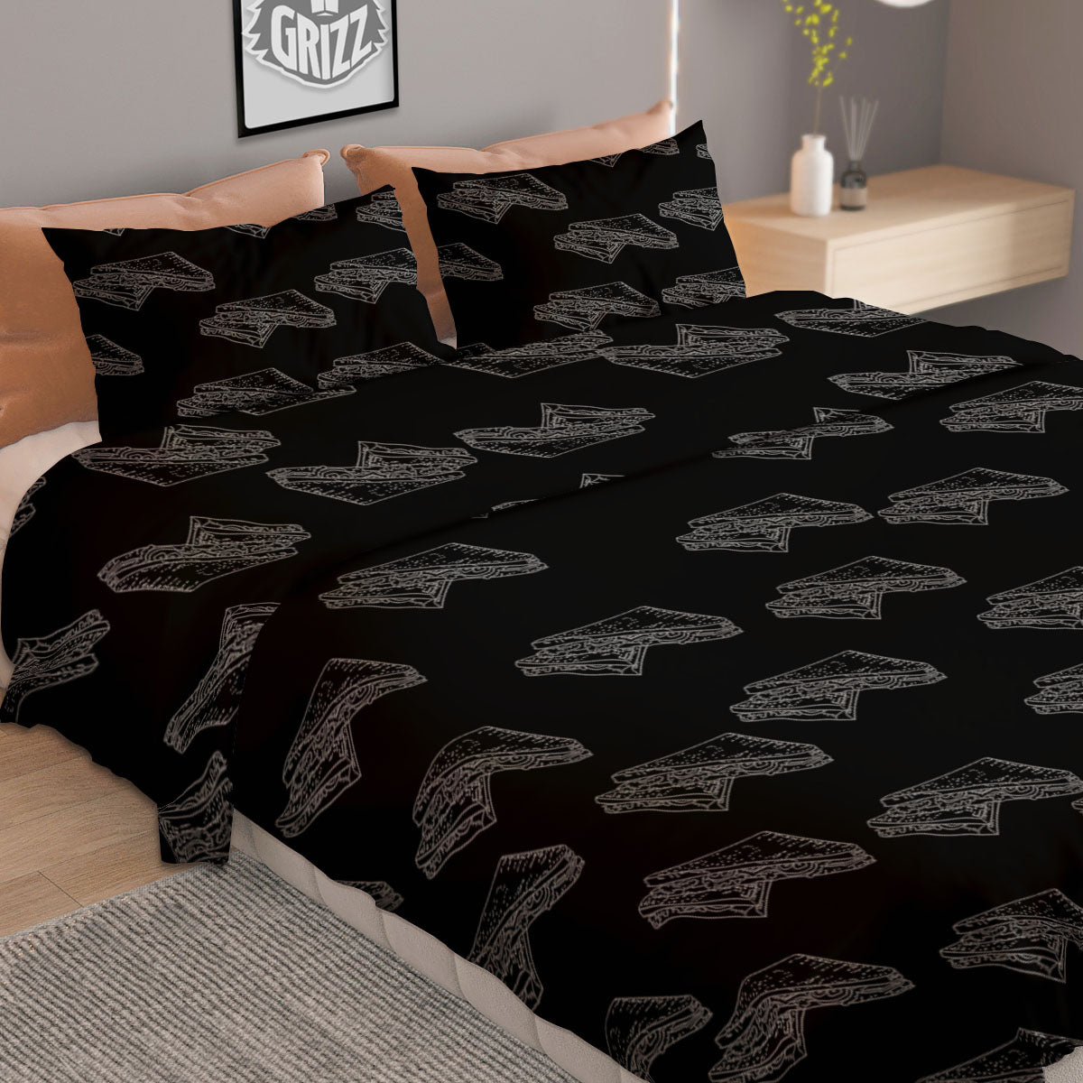 Sandwich Black Doodle Print Pattern Duvet Cover Bedding Set