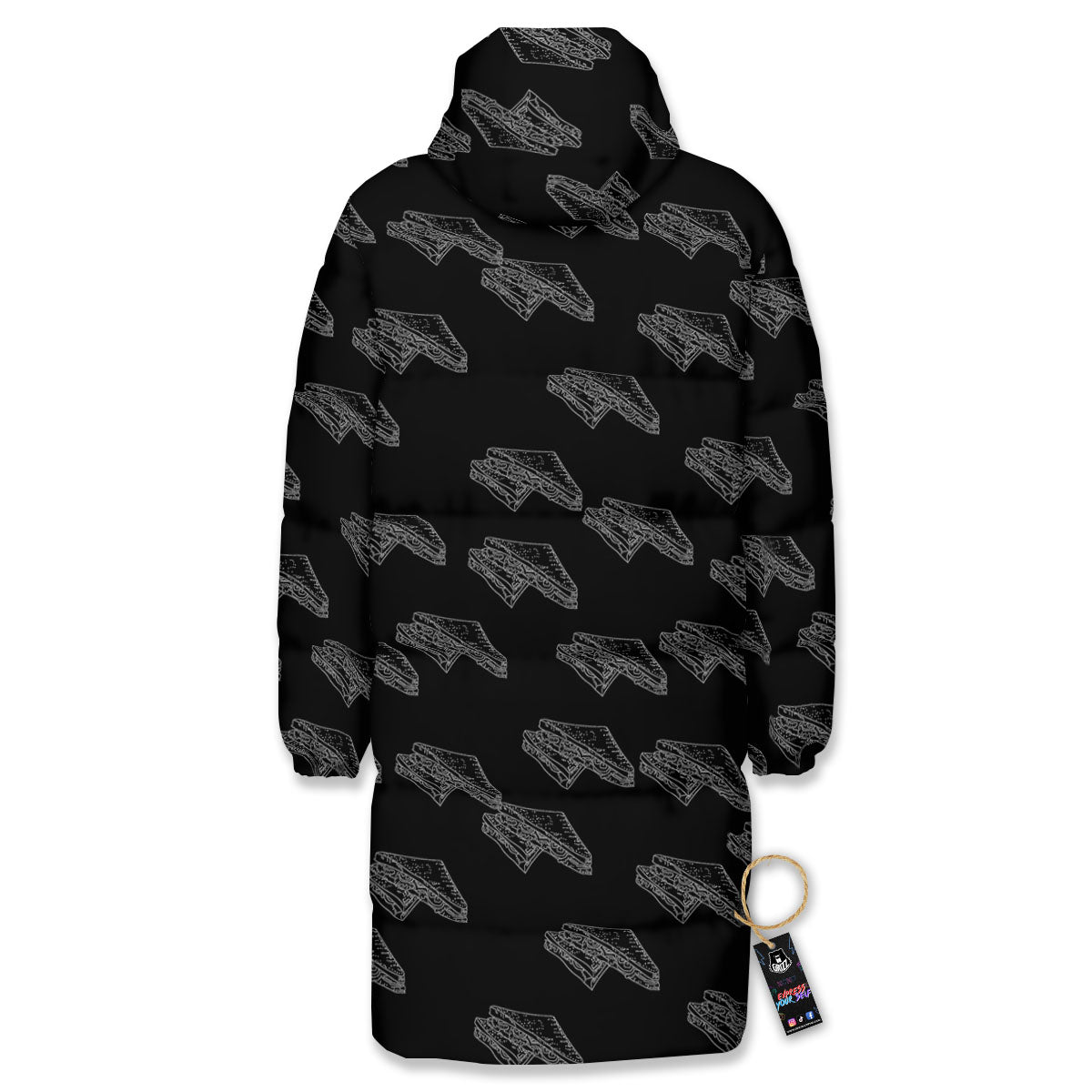 Sandwich Black Doodle Print Pattern Long Down Jacket-grizzshop