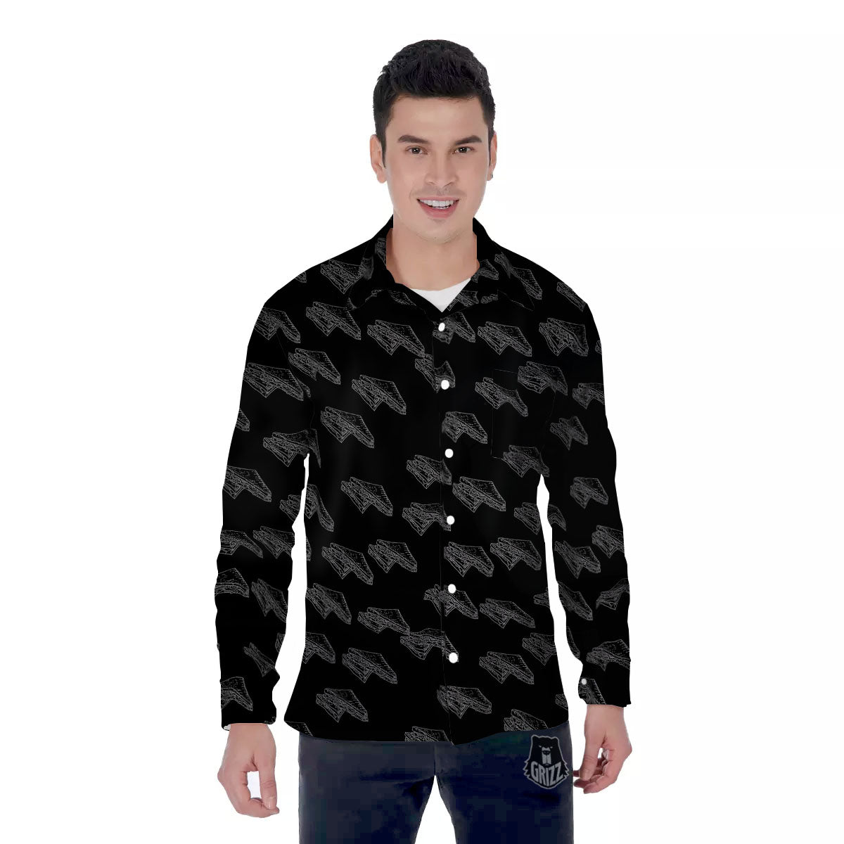 Sandwich Black Doodle Print Pattern Men's Long Sleeve Shirts-grizzshop