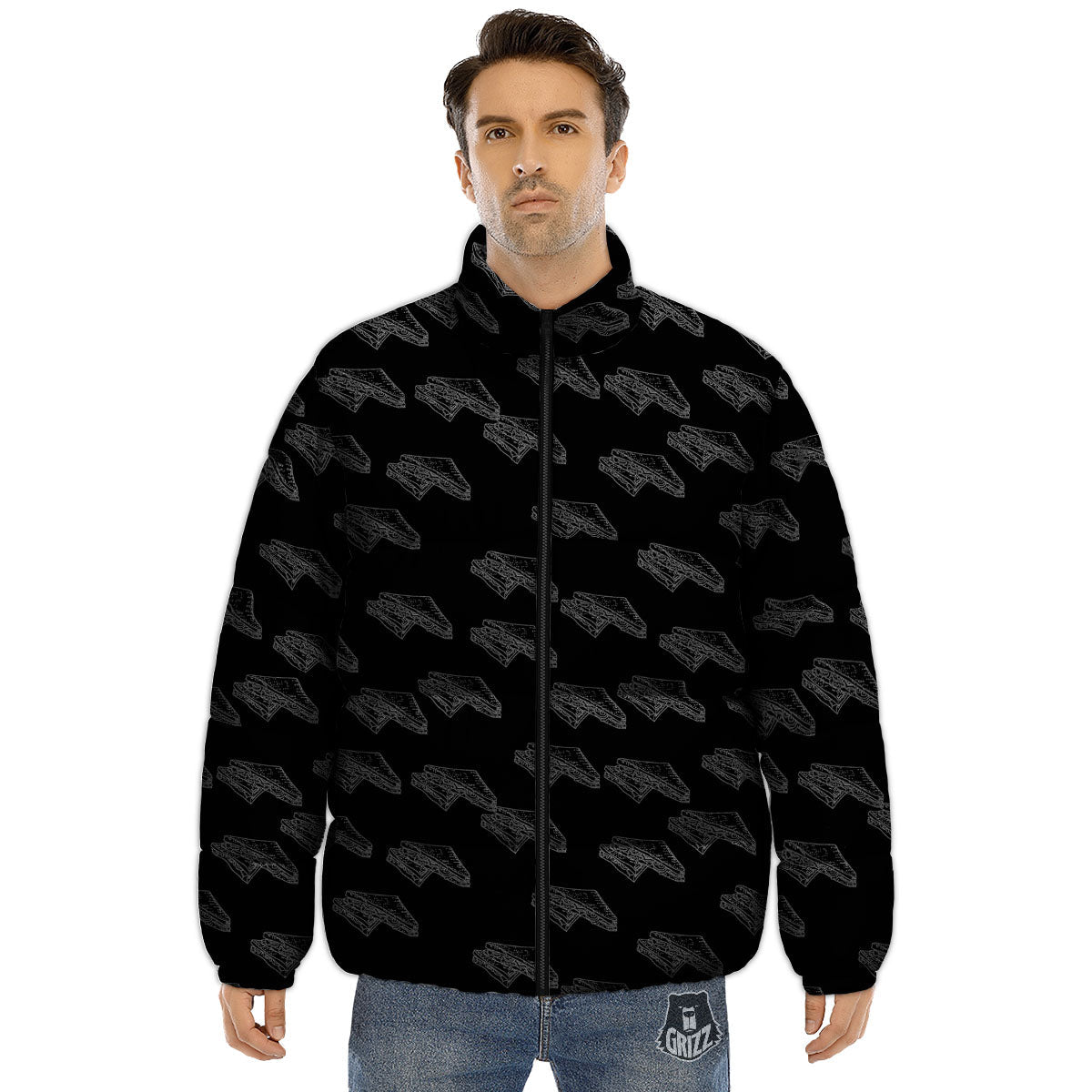 Sandwich Black Doodle Print Pattern Puffer Jacket-grizzshop