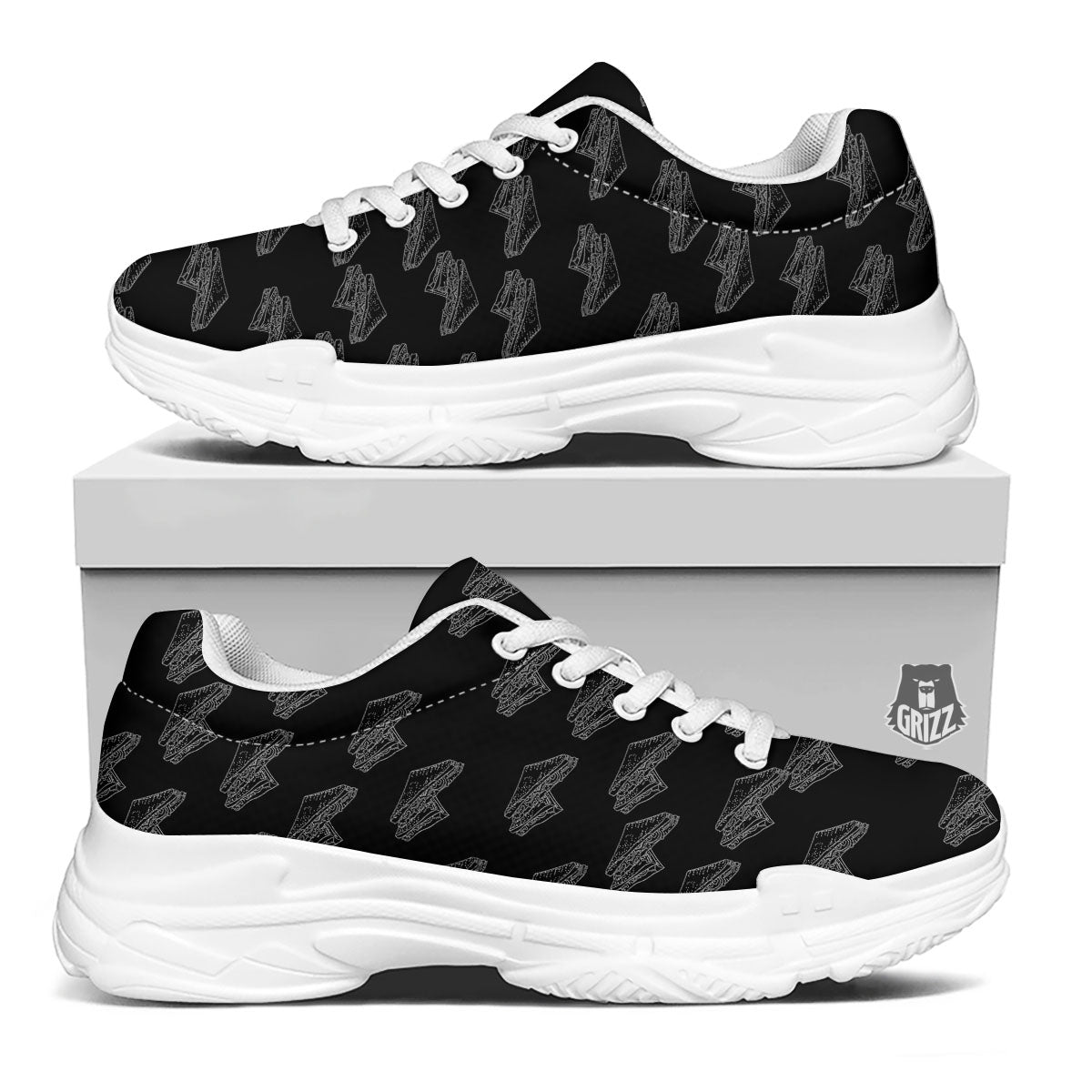 Sandwich Black Doodle Print Pattern White Chunky Shoes-grizzshop