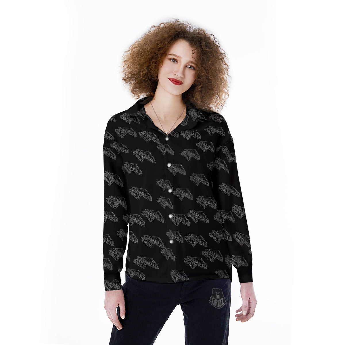 Sandwich Black Doodle Print Pattern Women's Long Sleeve Shirts-grizzshop