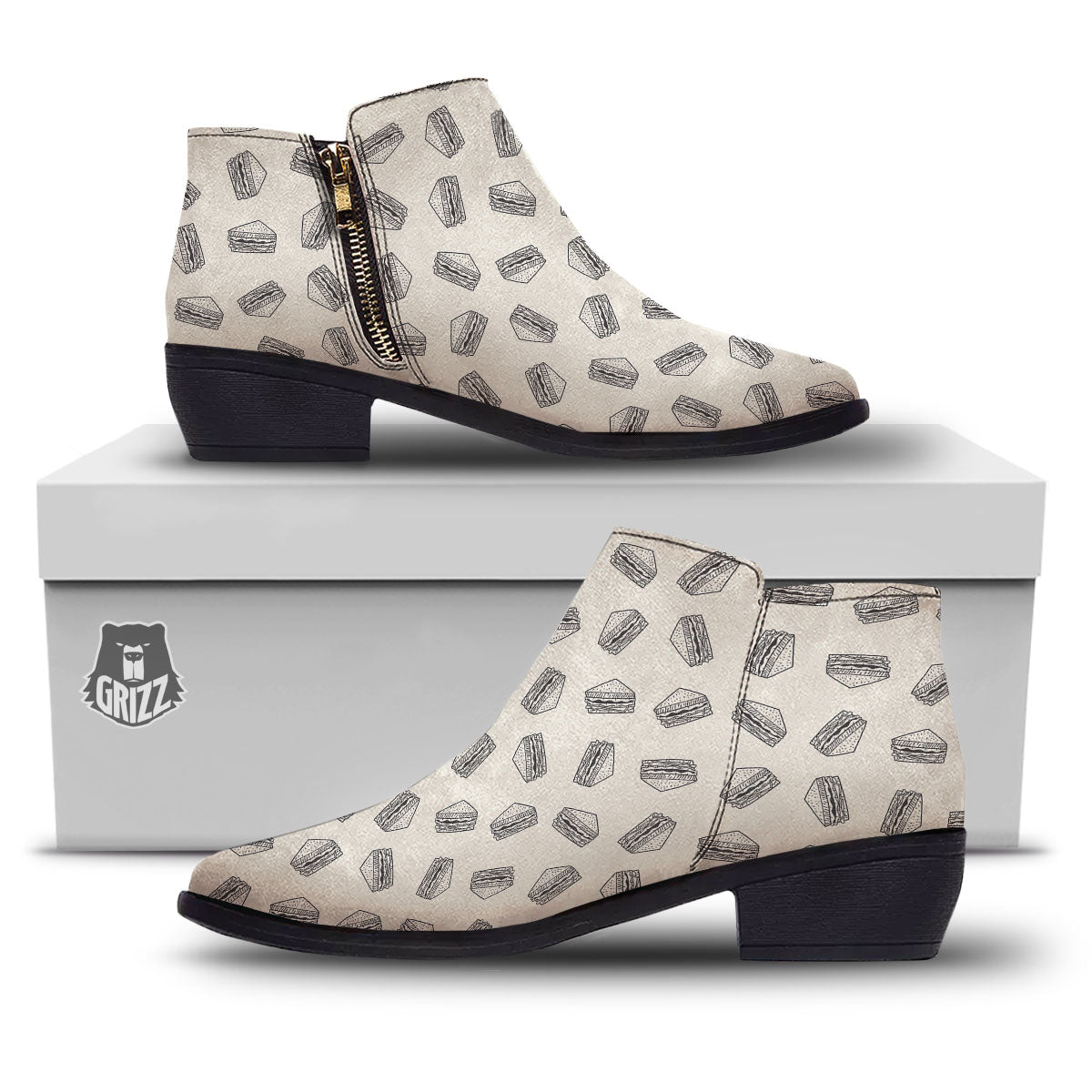 Sandwich Grey Doodle Print Pattern Ankle Boots-grizzshop