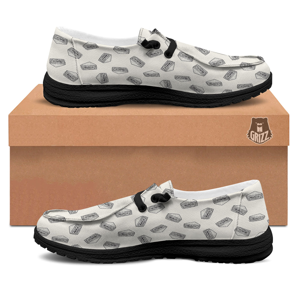 Sandwich Grey Doodle Print Pattern Black Loafers-grizzshop