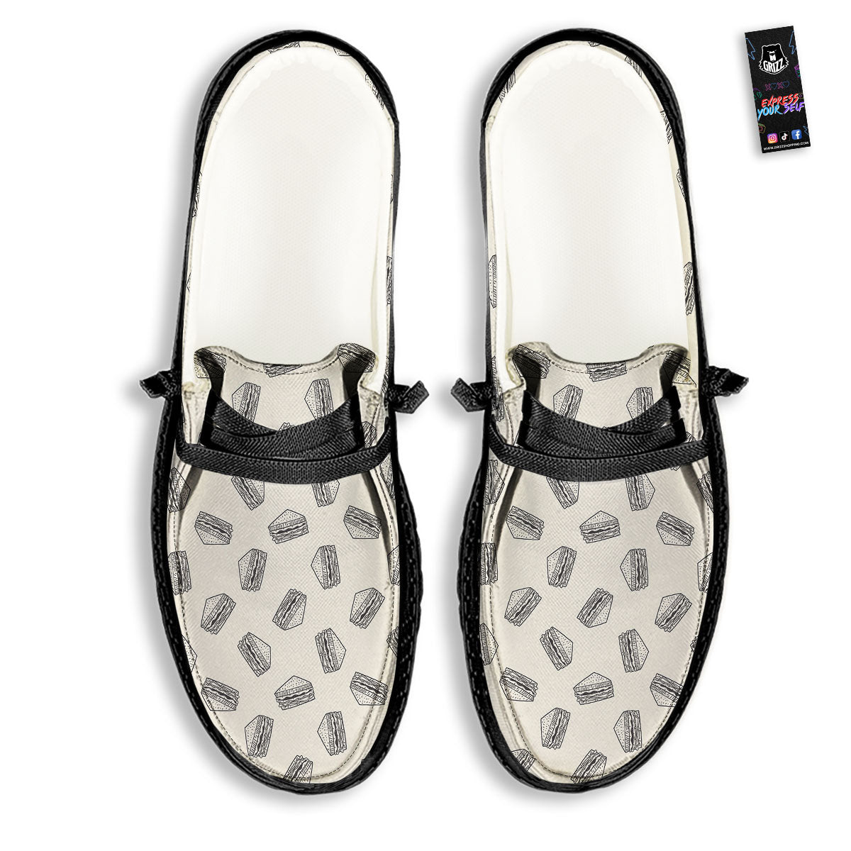 Sandwich Grey Doodle Print Pattern Black Loafers-grizzshop