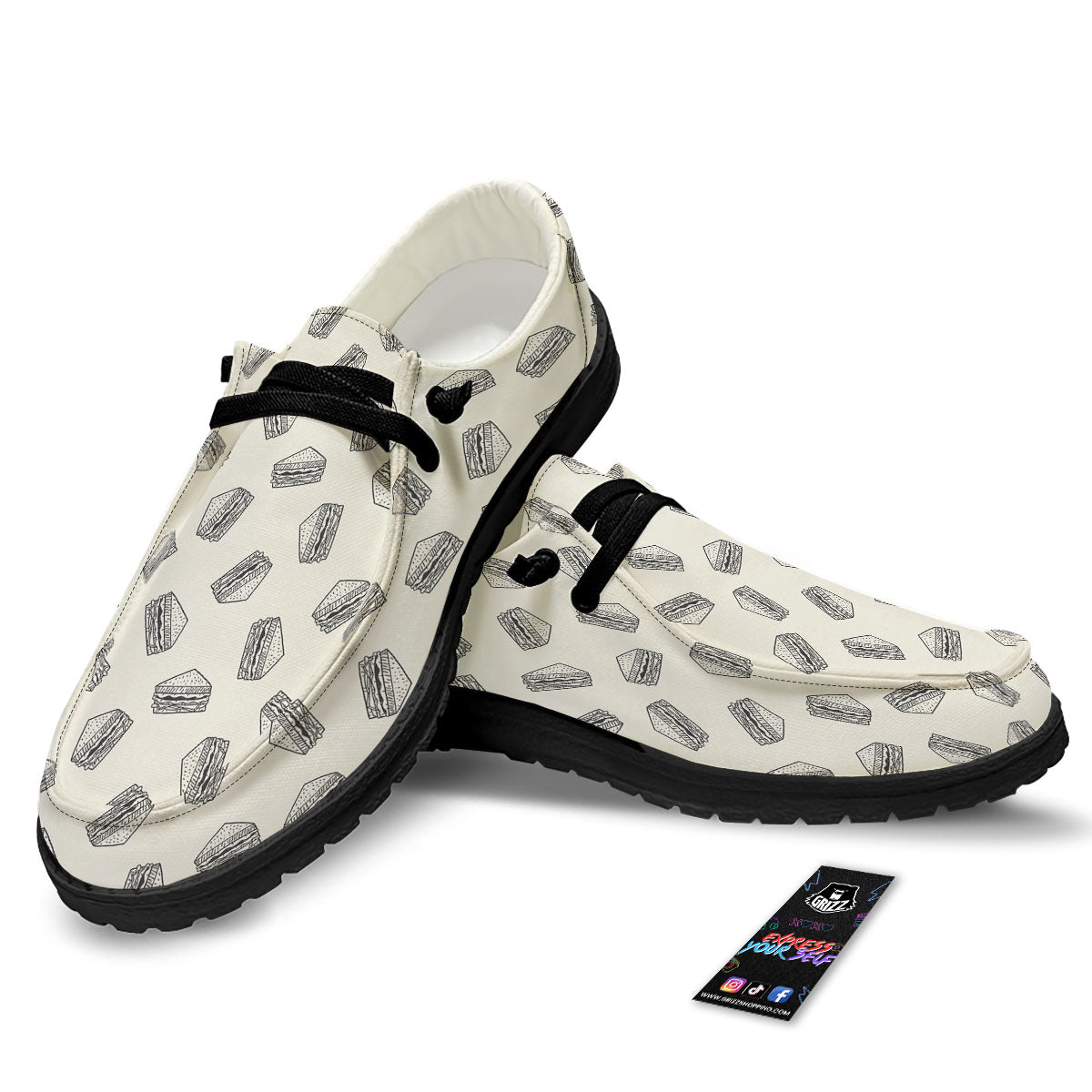 Sandwich Grey Doodle Print Pattern Black Loafers-grizzshop