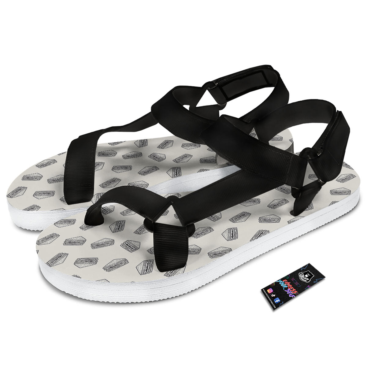 Sandwich Grey Doodle Print Pattern Black Open Toe Sandals-grizzshop