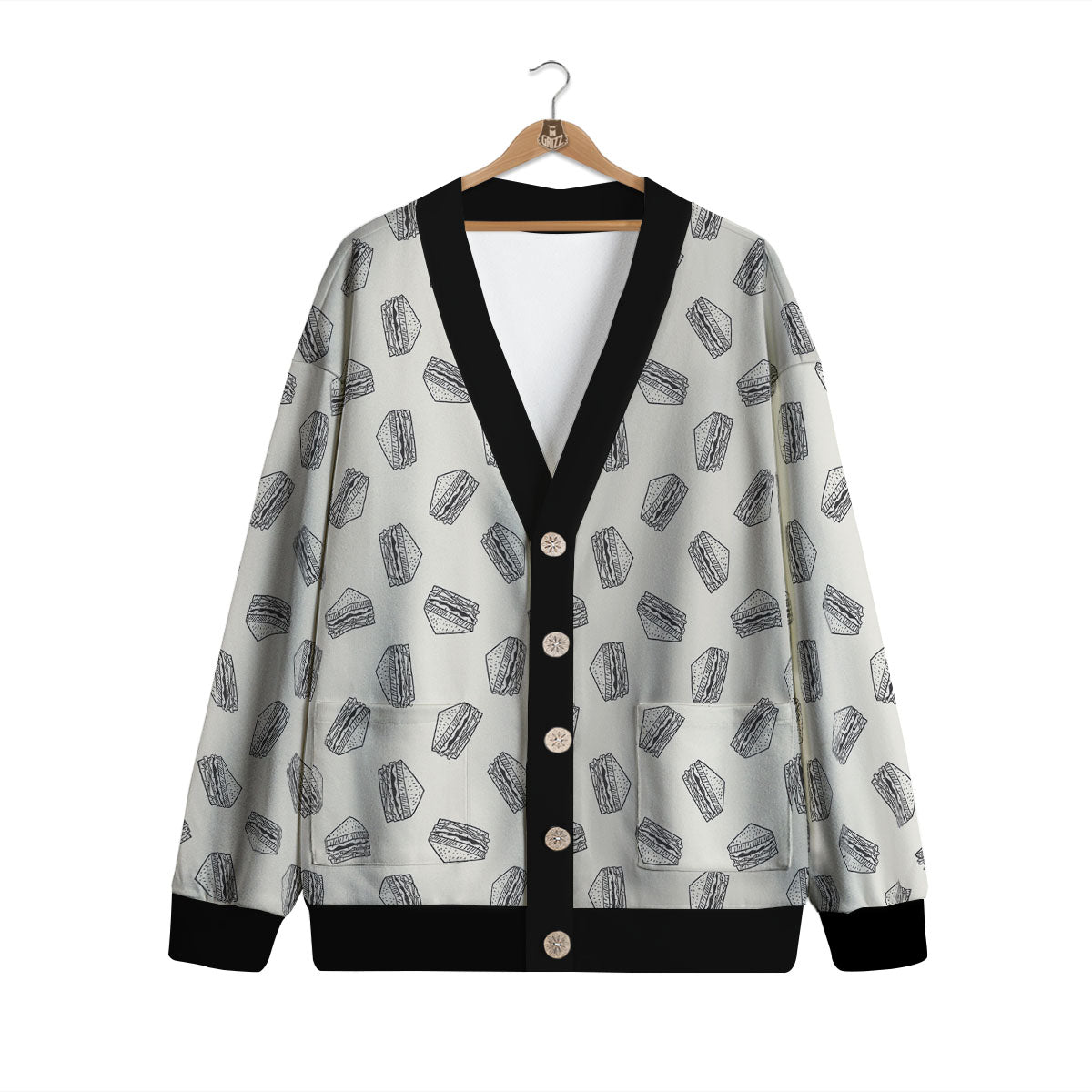 Sandwich Grey Doodle Print Pattern Cardigan-grizzshop