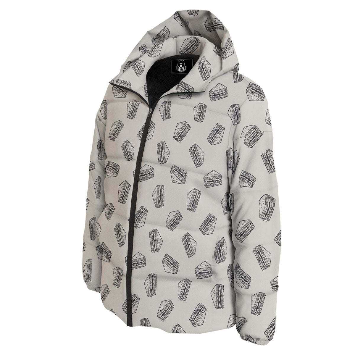 Sandwich Grey Doodle Print Pattern Down Jacket-grizzshop
