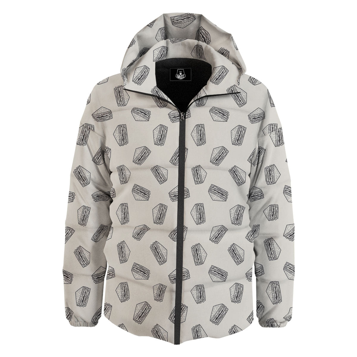 Sandwich Grey Doodle Print Pattern Down Jacket-grizzshop