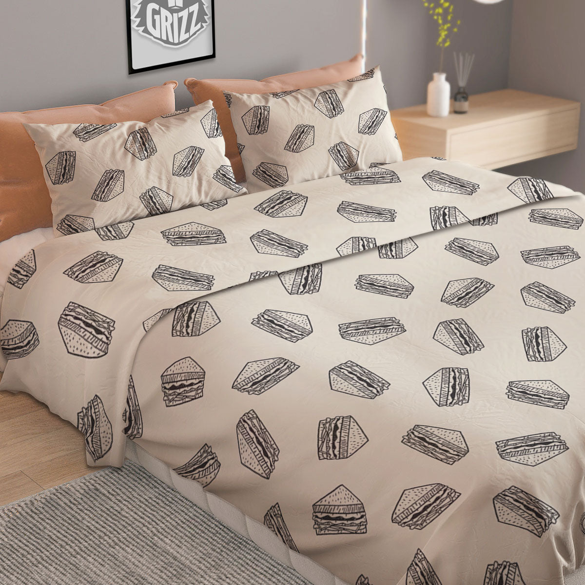 Sandwich Grey Doodle Print Pattern Duvet Cover Bedding Set