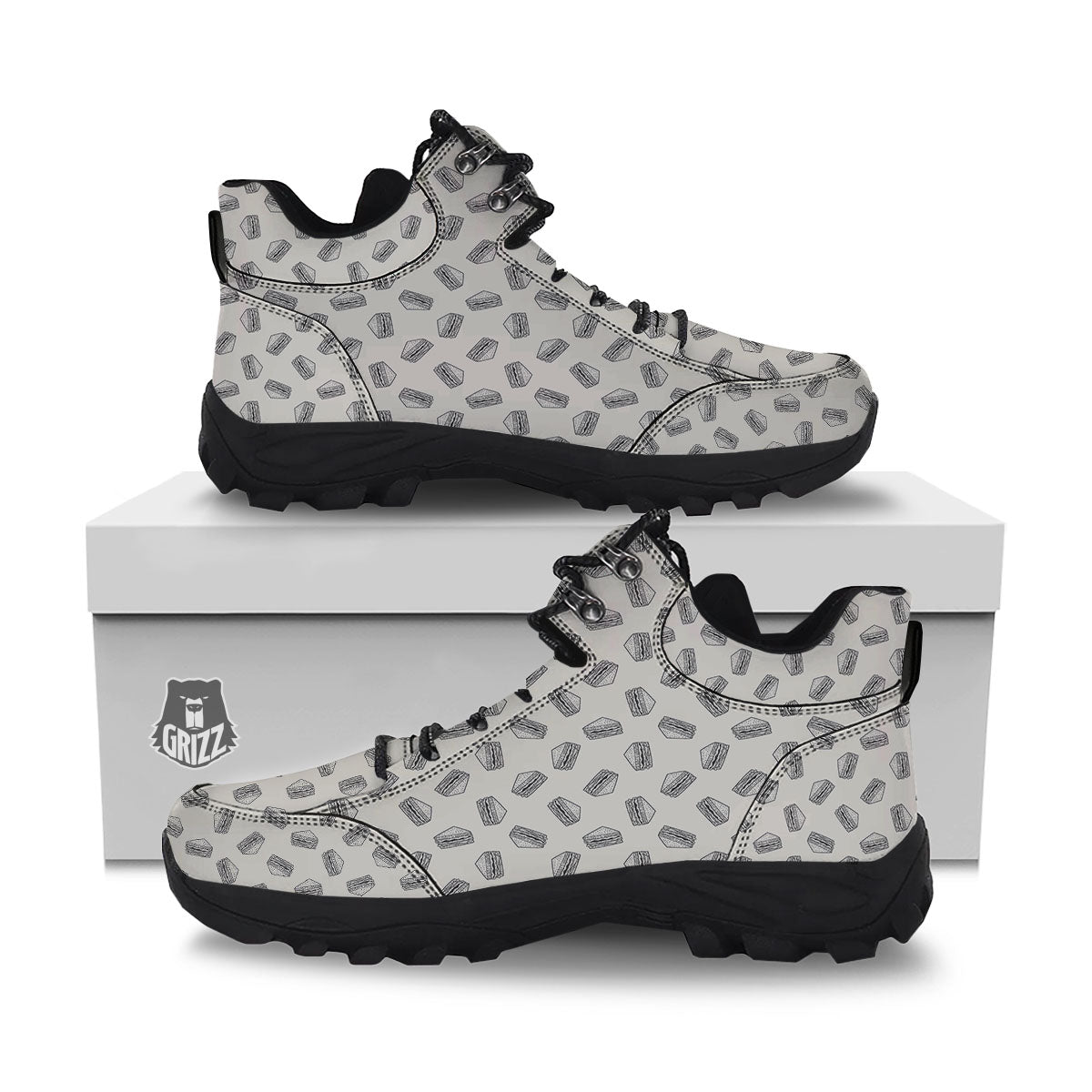 Sandwich Grey Doodle Print Pattern Hiking Shoes-grizzshop