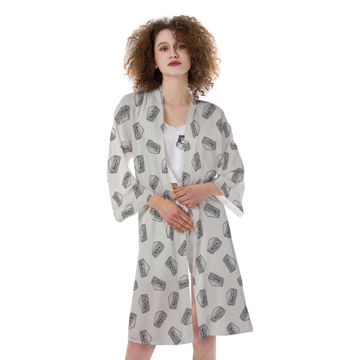 Sandwich Grey Doodle Print Pattern Kimono-grizzshop
