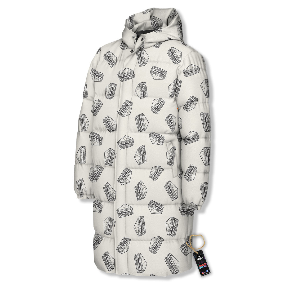 Sandwich Grey Doodle Print Pattern Long Down Jacket-grizzshop