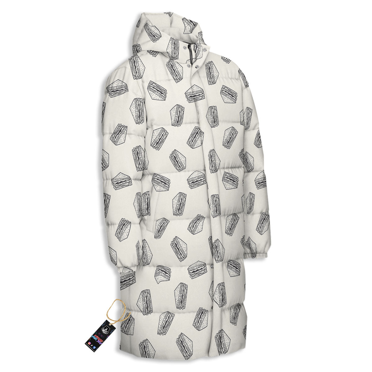 Sandwich Grey Doodle Print Pattern Long Down Jacket-grizzshop