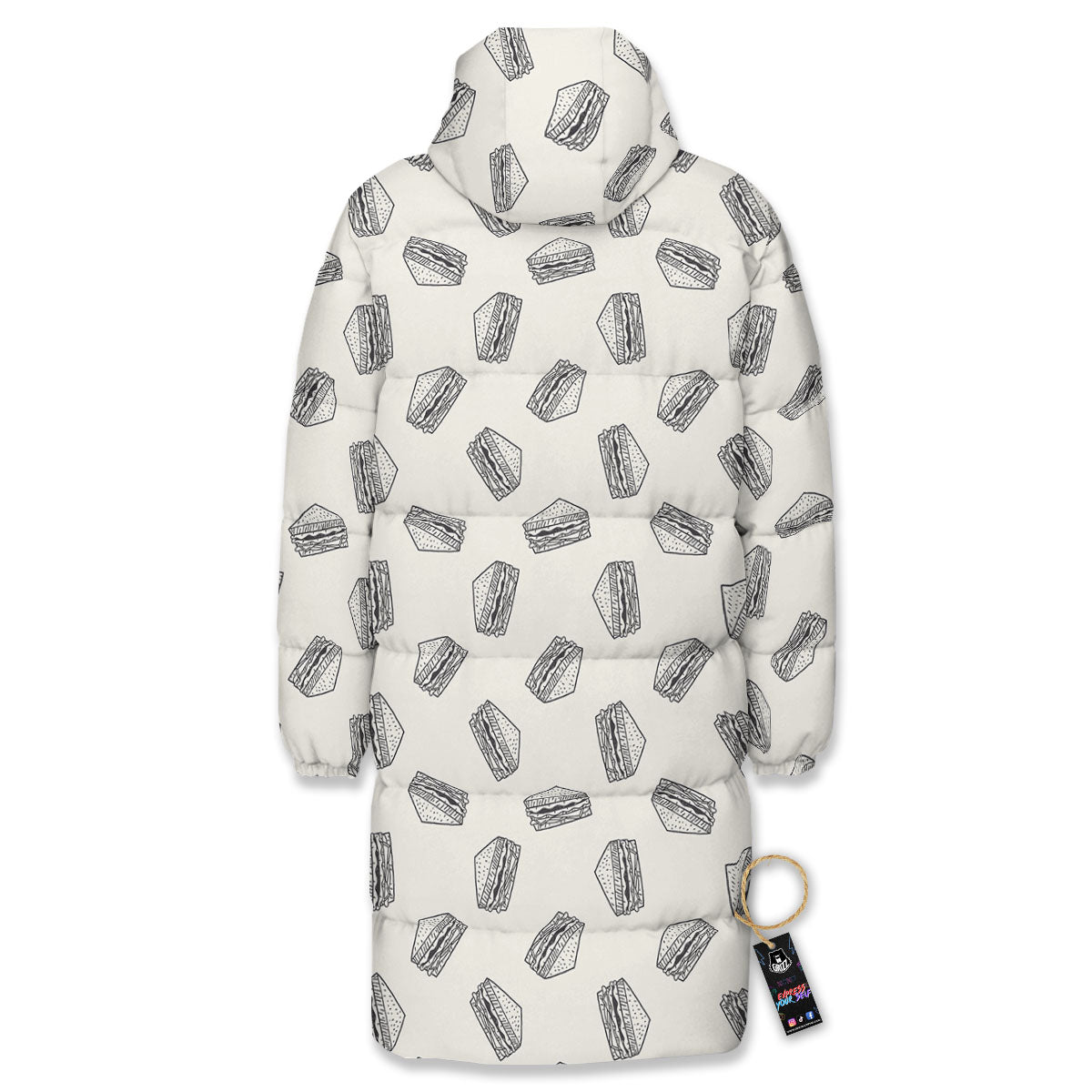 Sandwich Grey Doodle Print Pattern Long Down Jacket-grizzshop