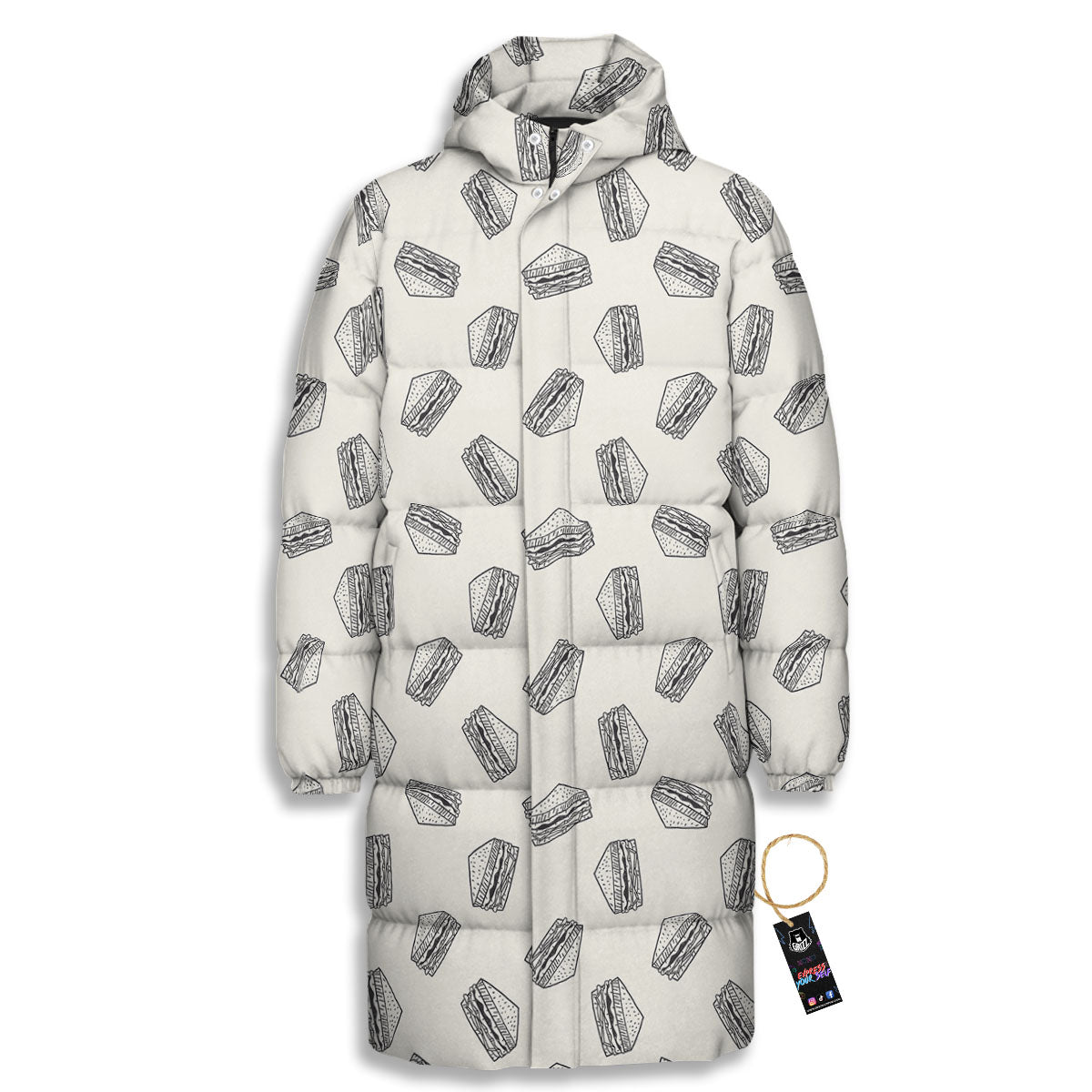 Sandwich Grey Doodle Print Pattern Long Down Jacket-grizzshop