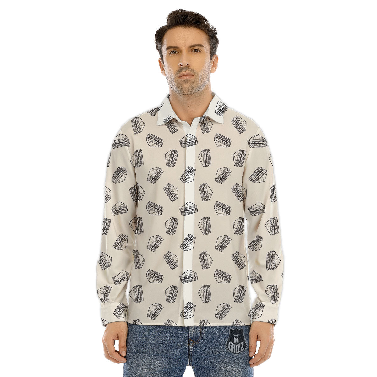 Sandwich Grey Doodle Print Pattern Men's Dress Shirts-grizzshop