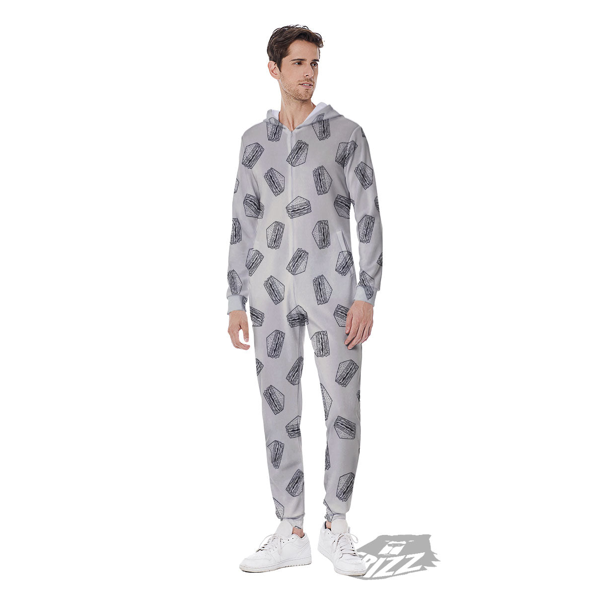 Sandwich Grey Doodle Print Pattern Men's Jumpsuit-grizzshop