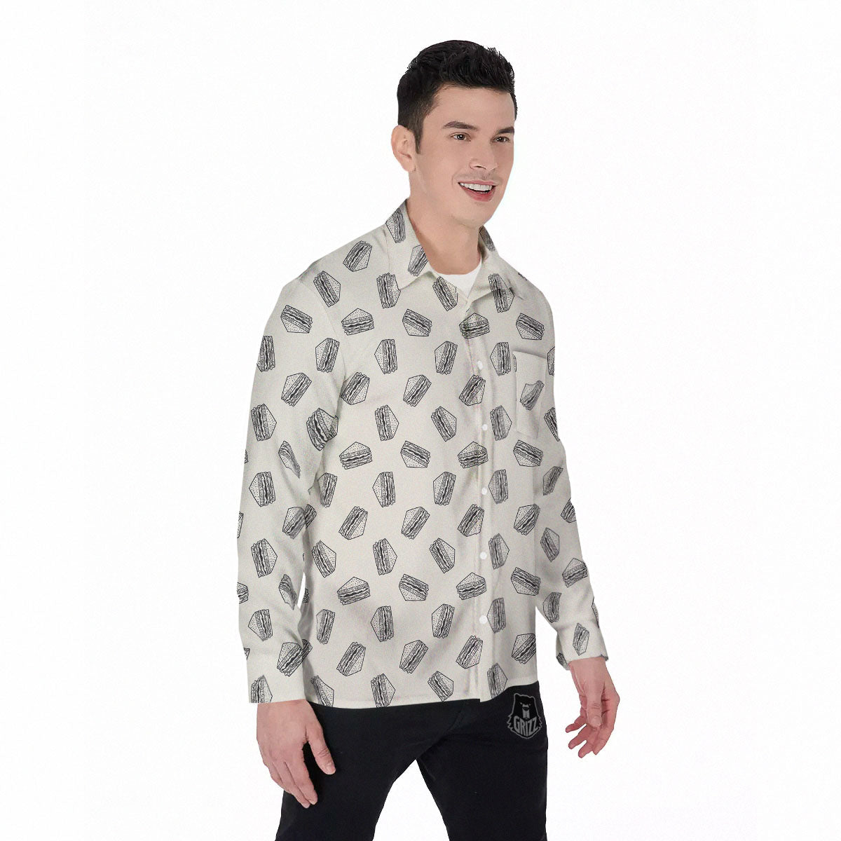 Sandwich Grey Doodle Print Pattern Men's Long Sleeve Shirts-grizzshop