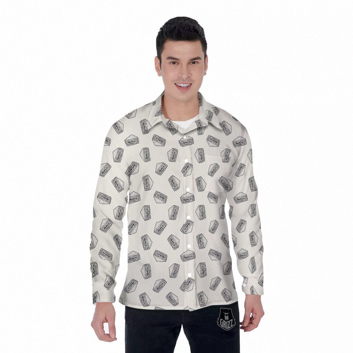 Sandwich Grey Doodle Print Pattern Men's Long Sleeve Shirts-grizzshop