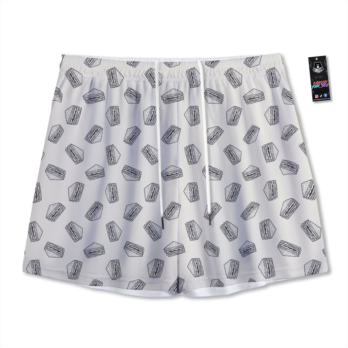Sandwich Grey Doodle Print Pattern Mesh Shorts