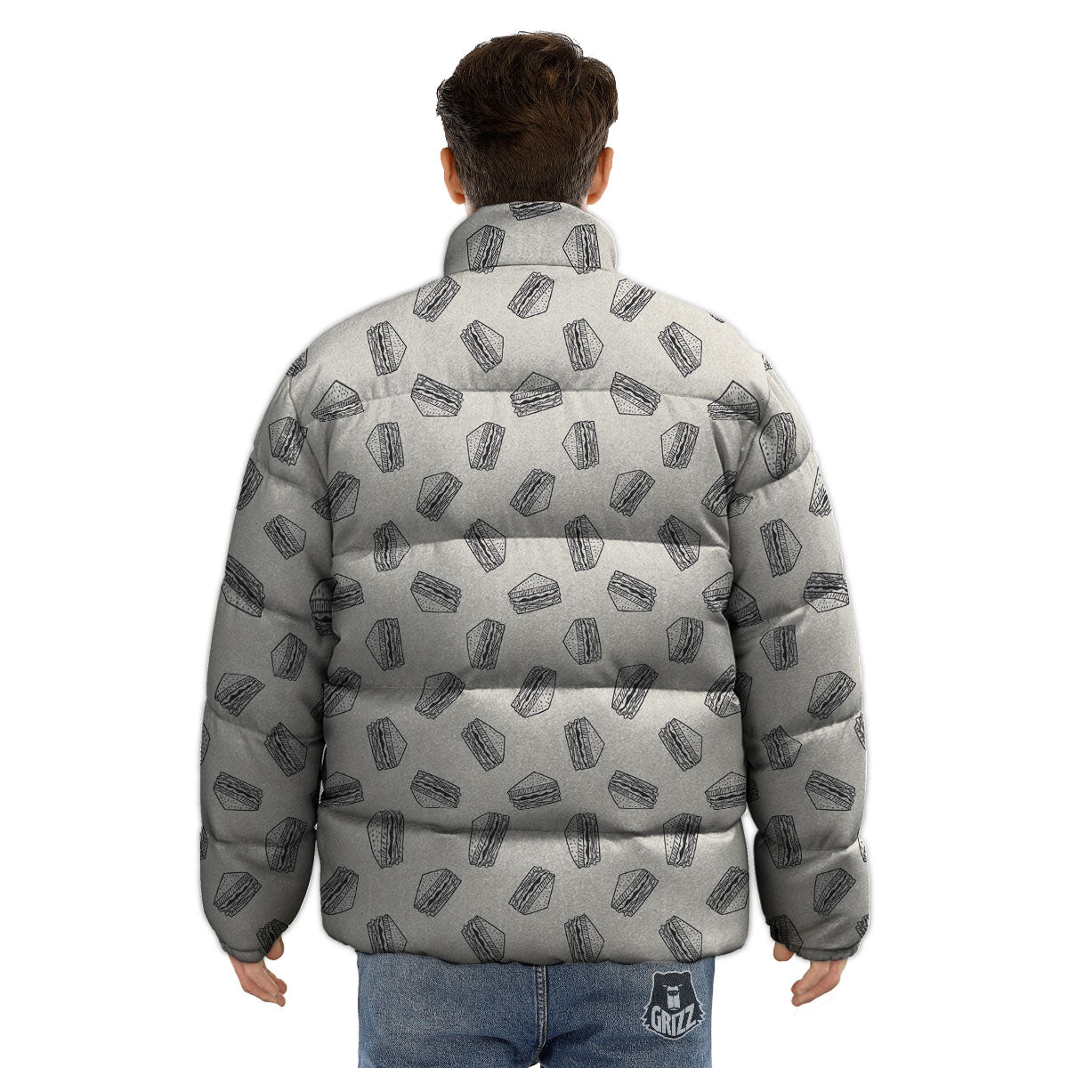 Sandwich Grey Doodle Print Pattern Puffer Jacket-grizzshop