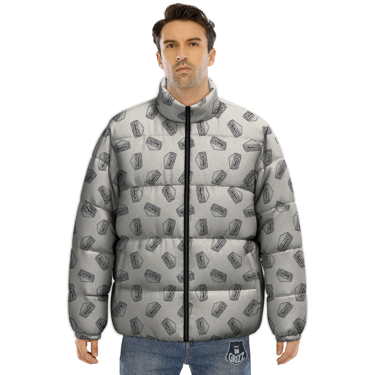 Sandwich Grey Doodle Print Pattern Puffer Jacket-grizzshop