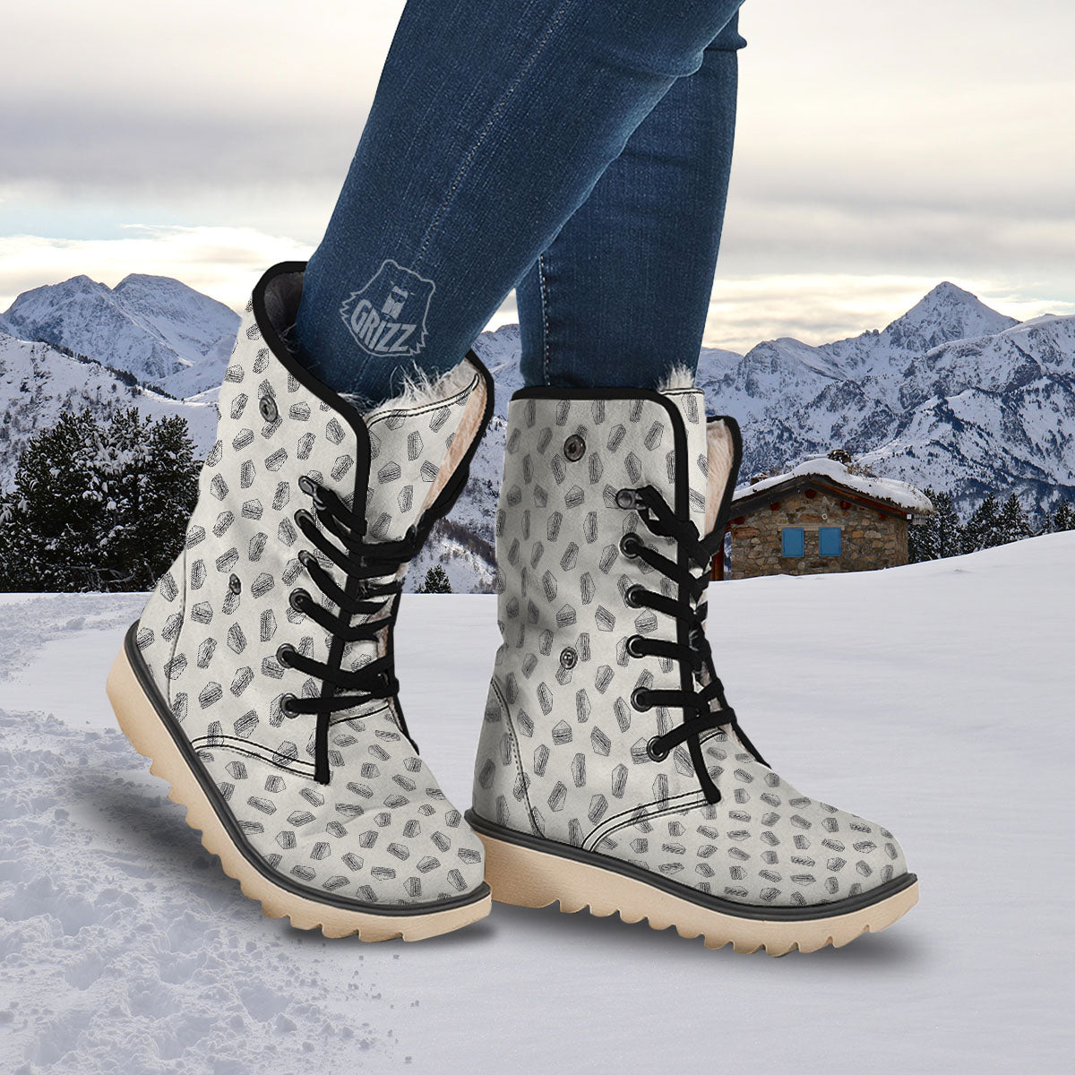 Sandwich Grey Doodle Print Pattern Snow Boots-grizzshop