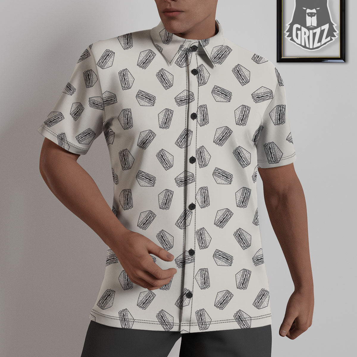 Sandwich Grey Doodle Print Pattern Untucked Shirts-grizzshop