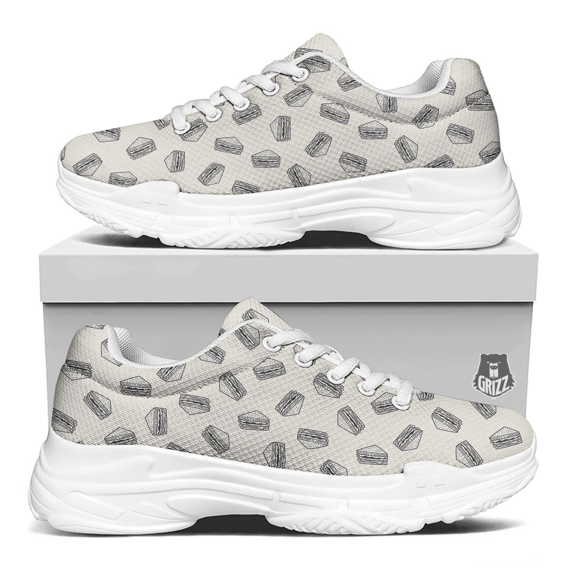 Sandwich Grey Doodle Print Pattern White Chunky Shoes-grizzshop