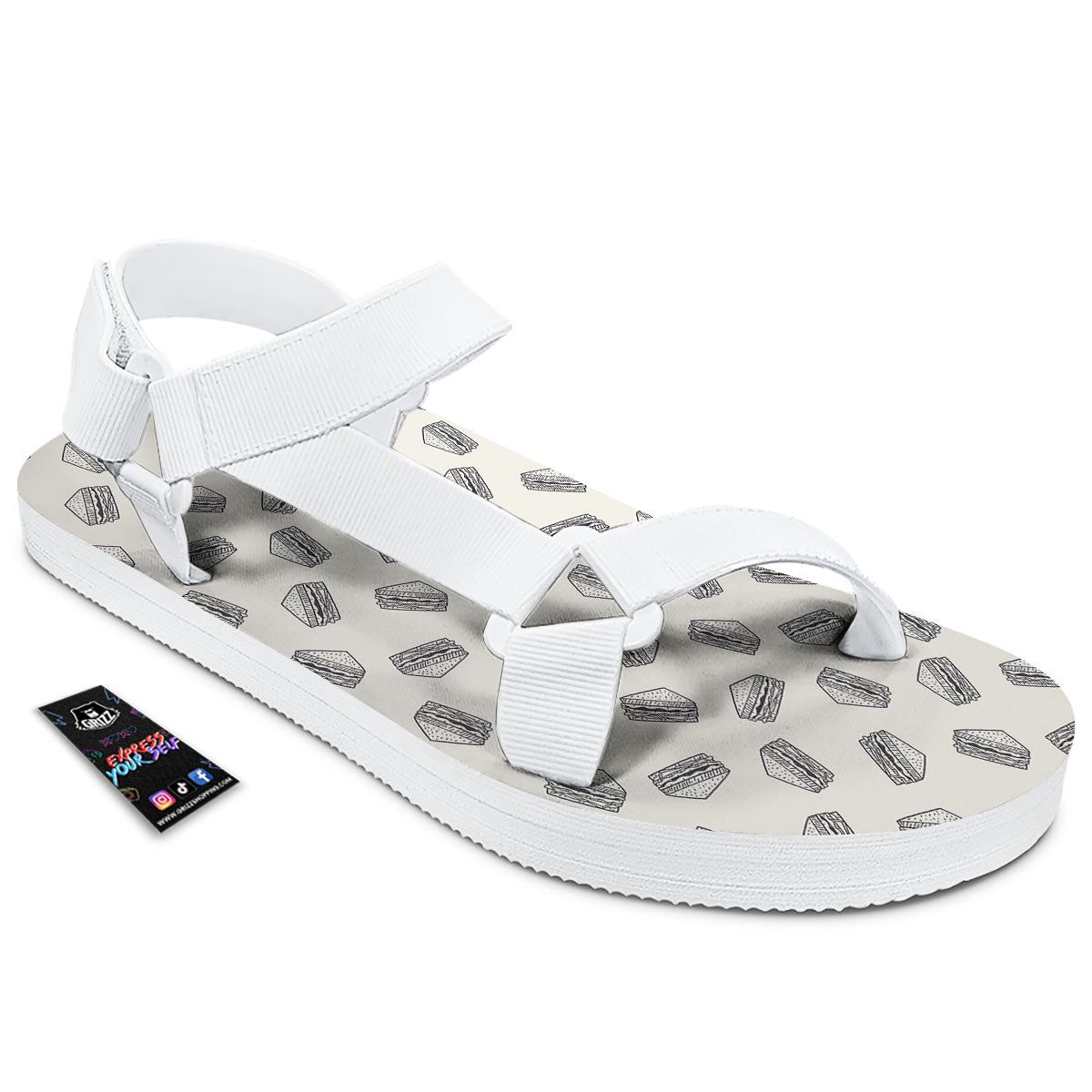 Sandwich Grey Doodle Print Pattern White Open Toe Sandals-grizzshop