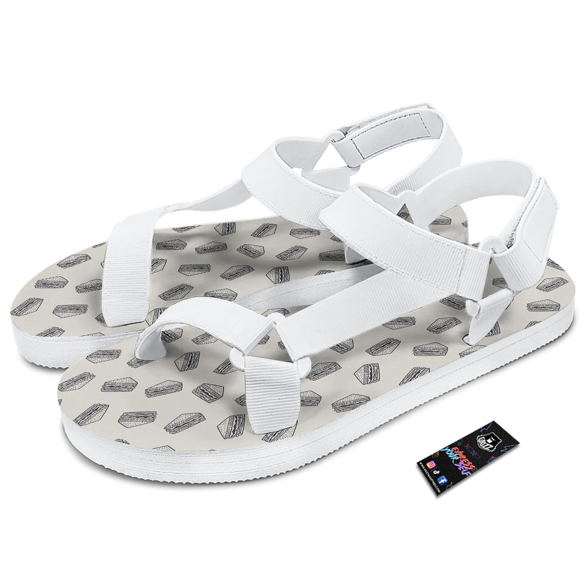 Sandwich Grey Doodle Print Pattern White Open Toe Sandals-grizzshop