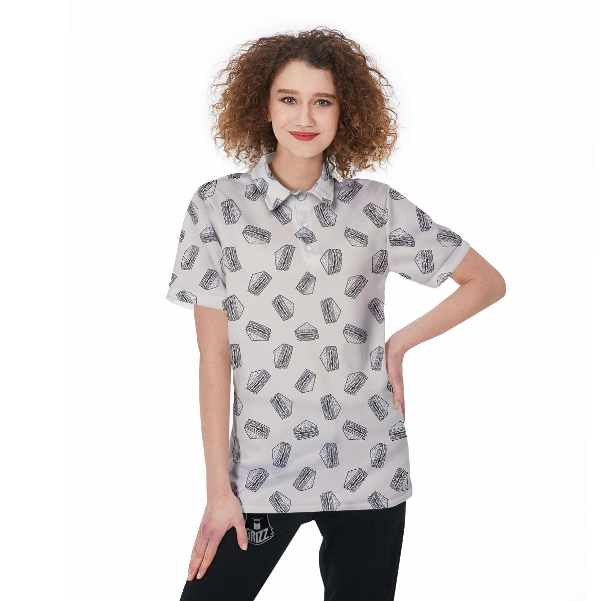 Sandwich Grey Doodle Print Pattern Women's Golf Shirts-grizzshop